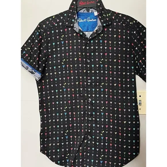 ROBERT GRAHAM BLACK NEON MARTINI PRINT S/S STRETCH SHIRT ROLL CUFF SZ S